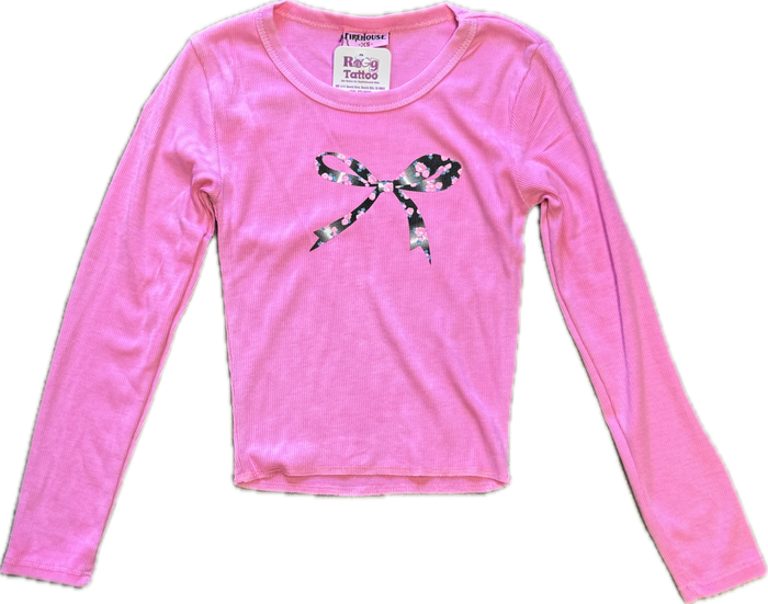 FIREHOUSE- Pink Bows Ribbed Long sleeve  Top (ice pink)
