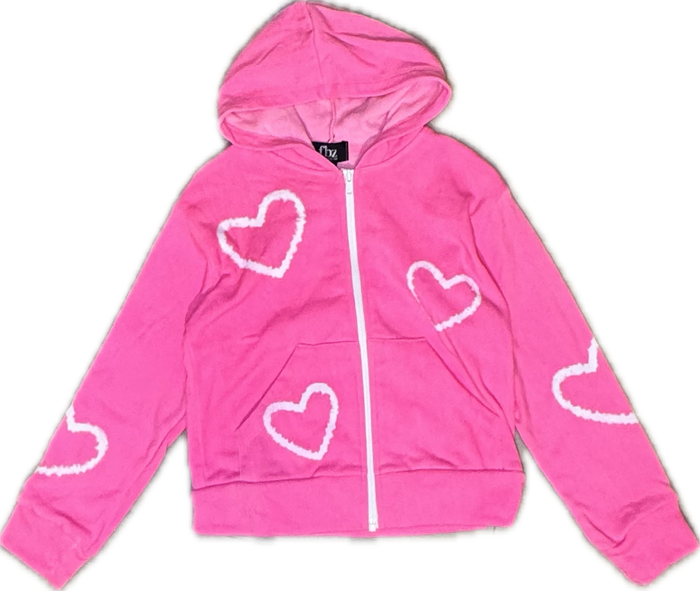 FLOWERS BY ZOE- White Hearts Zip-Up Hoodie (neon pink)