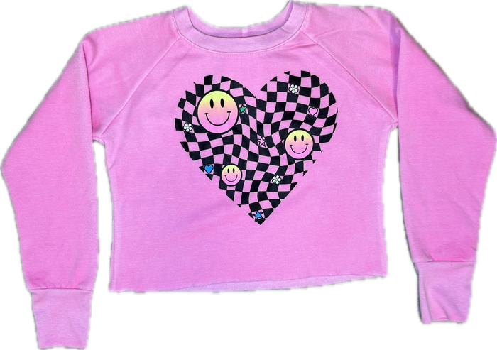 FIREHOUSE- Checker Heart Smileys Pull Over Sweater (neon pink)
