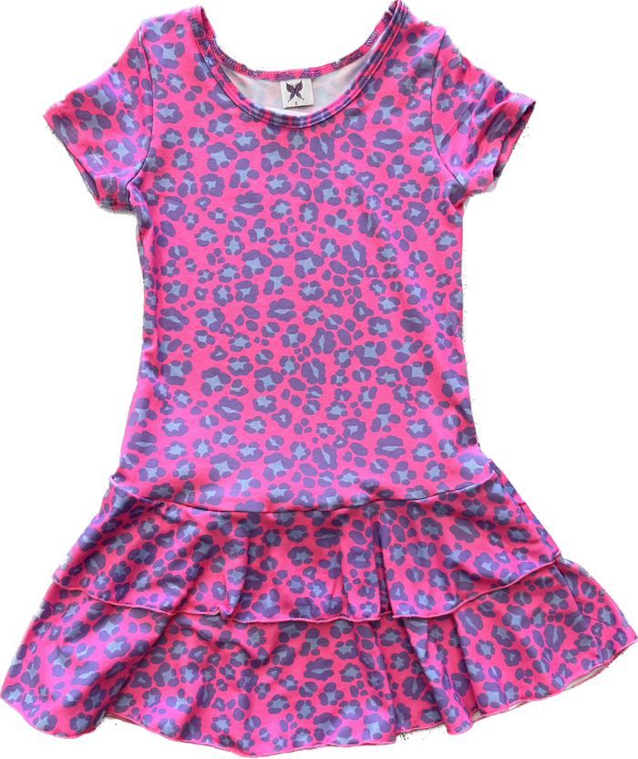 Social Butterfly - Short Sleeve  Ruffle Dress, Barbie Pink Leopard