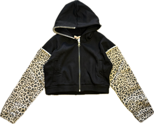 Vintage Havana- Black With Leopard Sleeve Cropped Hoodie