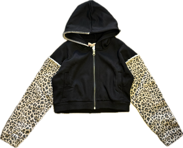 Vintage Havana- Black With Leopard Sleeve Cropped Hoodie