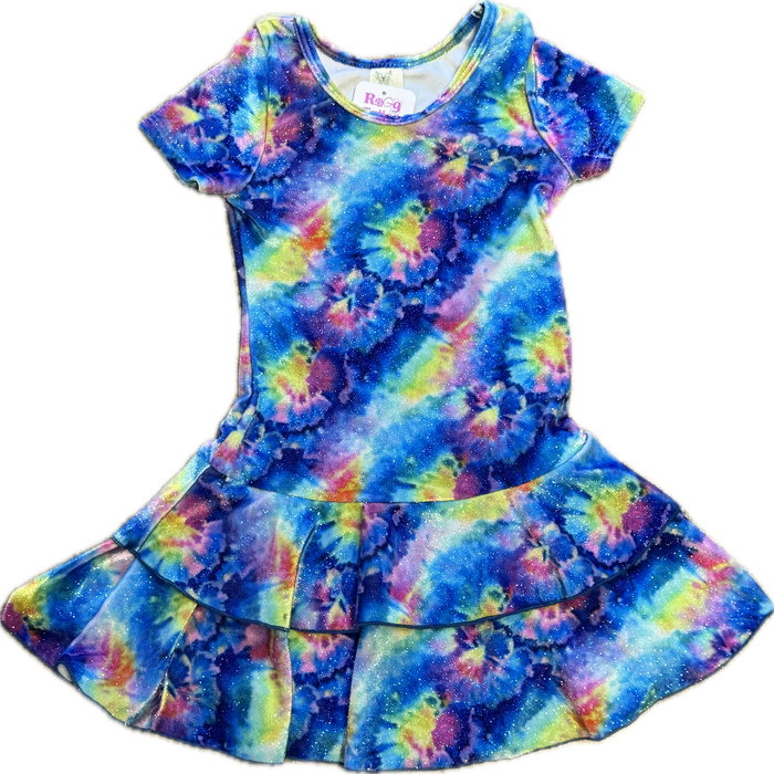 Social Butterfly- Glitter Tie Dye S/S Ruffle Dress