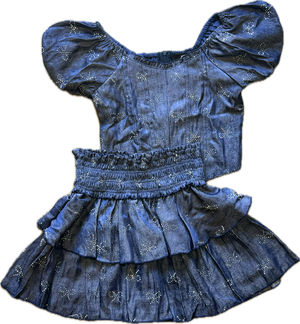 FLOWERS BY ZOE- Denim Chambray Bow Puff Sleeve Top
