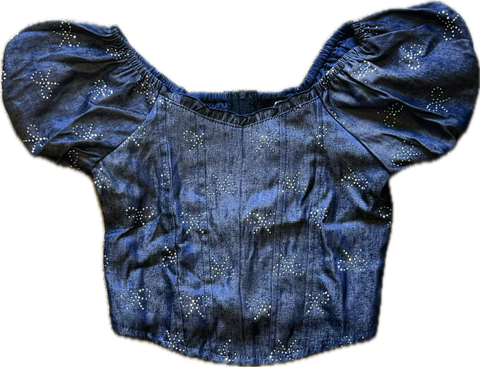 FLOWERS BY ZOE- Denim Chambray Bow Puff Sleeve Top