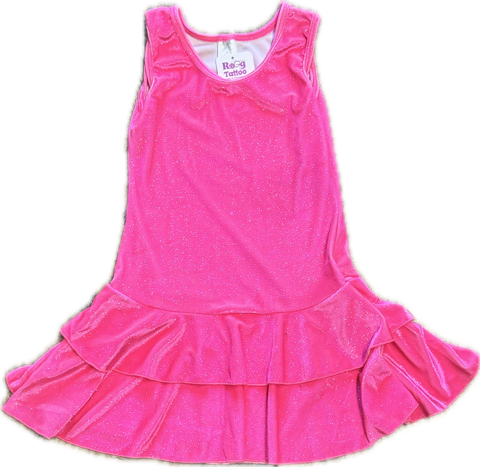 SOCIAL BUTTERFLY- Glitter Velvet Hot Pink Ruffle Tank Dress