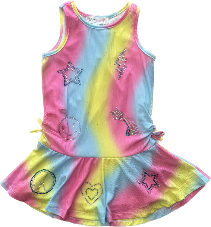 Baby Sara- Drop Waist Rainbow Stripe Dress with Rhinestone Detail