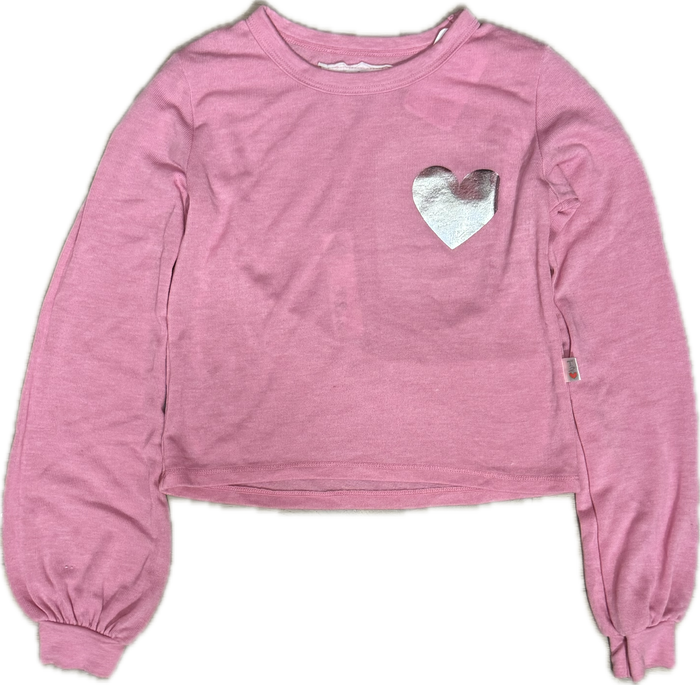 T2LOVE- PUFF SLEEVE CREW TOP SILVER HEART (pink)