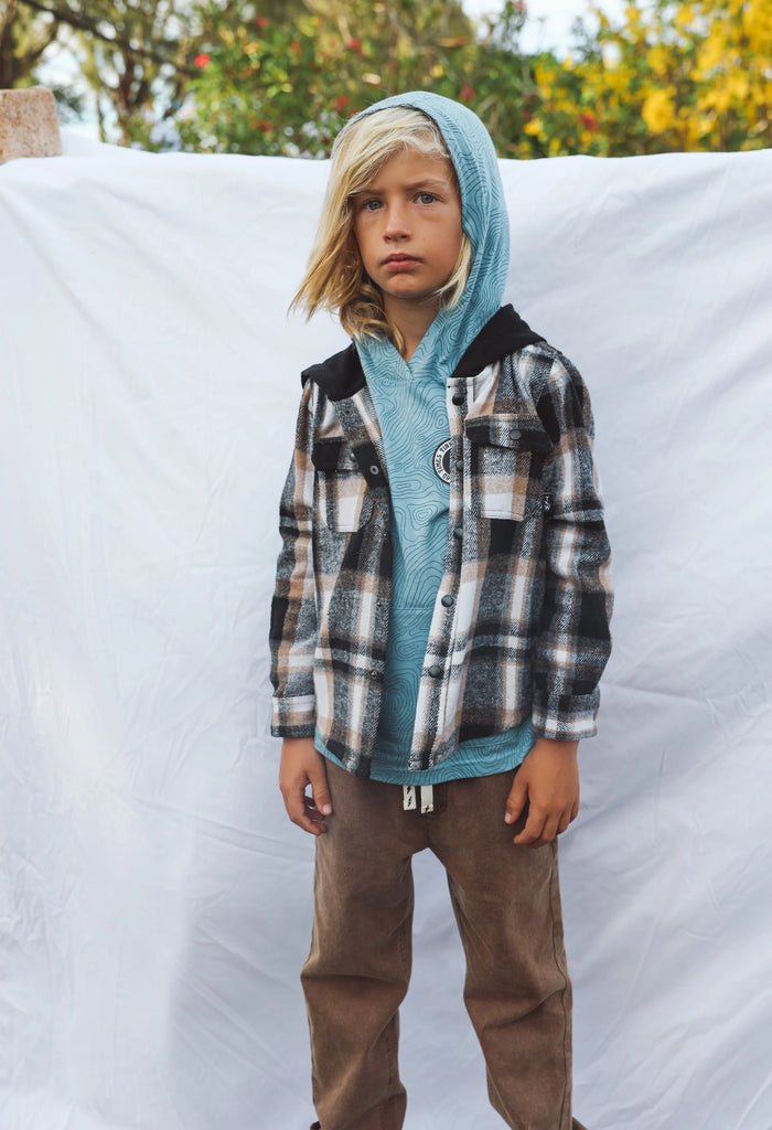 TINY WHALES- WOODMAN HOODED SHACKET JACKET (black/pine/gold)