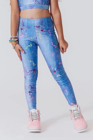 TEREZ- Girls Hi-Shine Leggings in Denim Paint Splatter