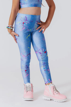 TEREZ- Girls Hi-Shine Leggings in Denim Paint Splatter