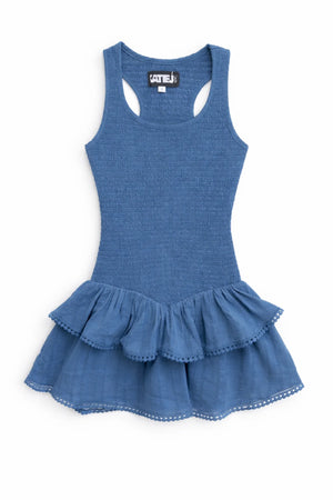 tween denim dress Tween Girls Denim Dresses, New Autumn/Winter Collection. Vintage Washed Dark Blue, Collegiate French Casual Vacation Cute Design. Square Collar, Puff Sleeves, A-Line Midi Dress, Waist Cinched, Basic Button Decor, Relaxed Fit, Soft
