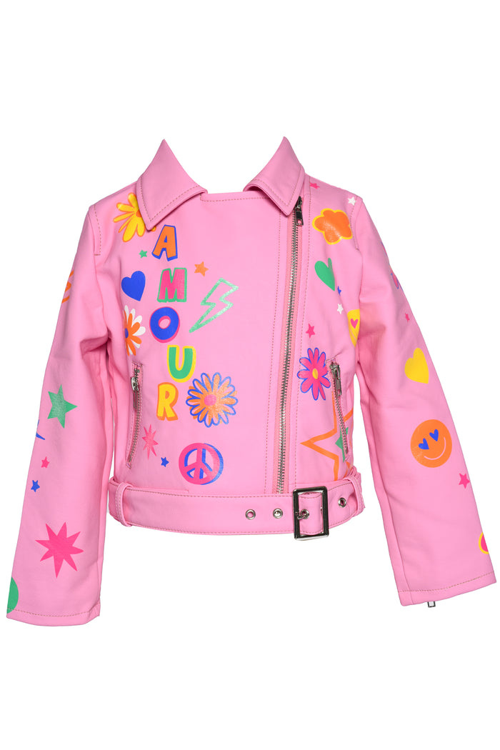 Hannah Banana- Little Girl's Patch Pleather Motto Jacket (Pink)