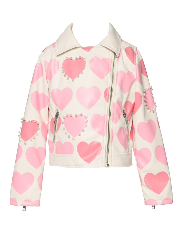 Baby Sara- Heart print Moto Jacket w/ Pearl Details (ivory)