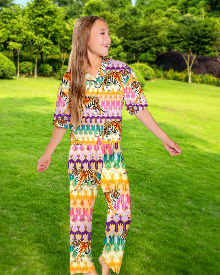 Sunshine Society- Kids Silky Tiger Royale Short Sleeve Pant Set