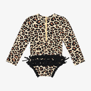 Posh Peanut- Lana Leopard Long Sleeve Ruffled Rash Guard Swimsuit