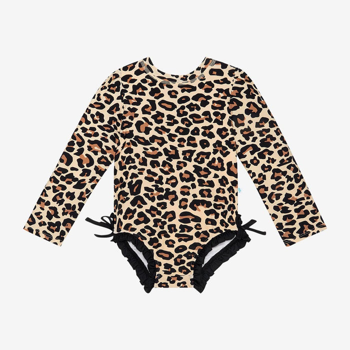 Posh Peanut- Lana Leopard Long Sleeve Ruffled Rash Guard Swimsuit