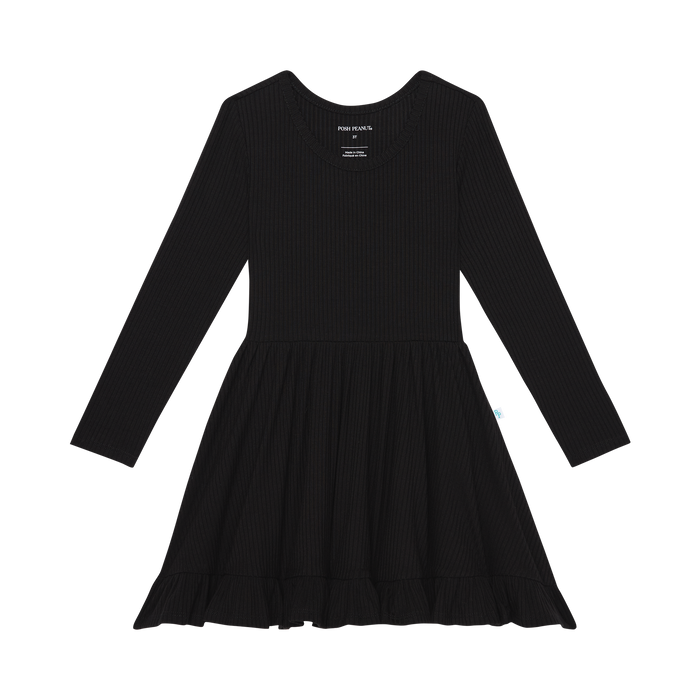 Posh Peanut- Solid Ribbed Black Long Sleeve Ruffled Twirl Dress